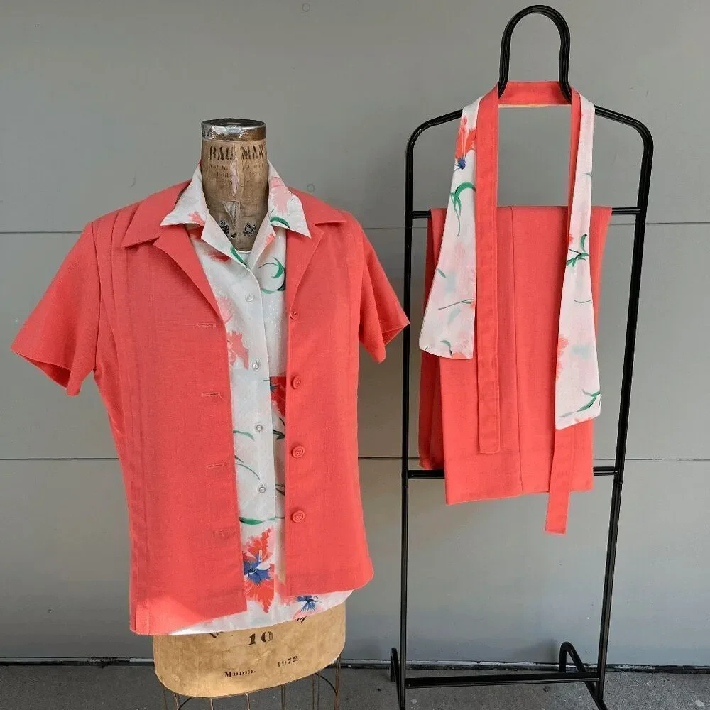 VTG 70s Coral Pant Suit Set Wide Leg Disco Cruise Outfit Theme XL